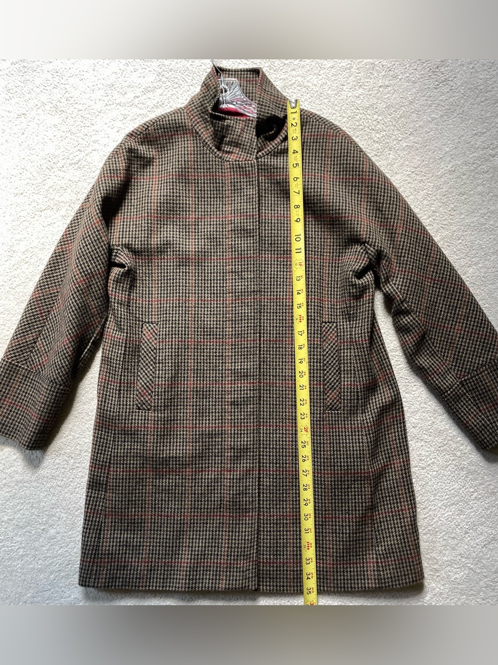 Kristen Blake Brown Houndstooth Pea Coat with Red Windowpane - Picture 3 of 7